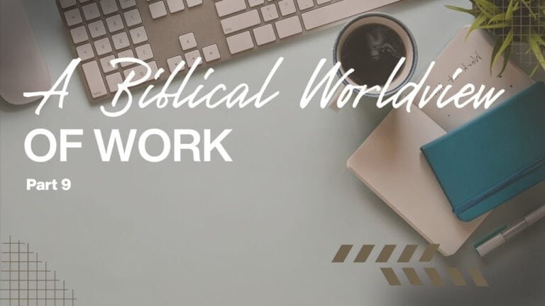 Work desk with keyboard, coffee, notebooks, and plant for a biblical worldview of work.